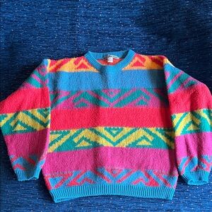 UNIONBAY vintage size medium Turquoise, Pink, Coral, Yellow Striped Knit Sweater